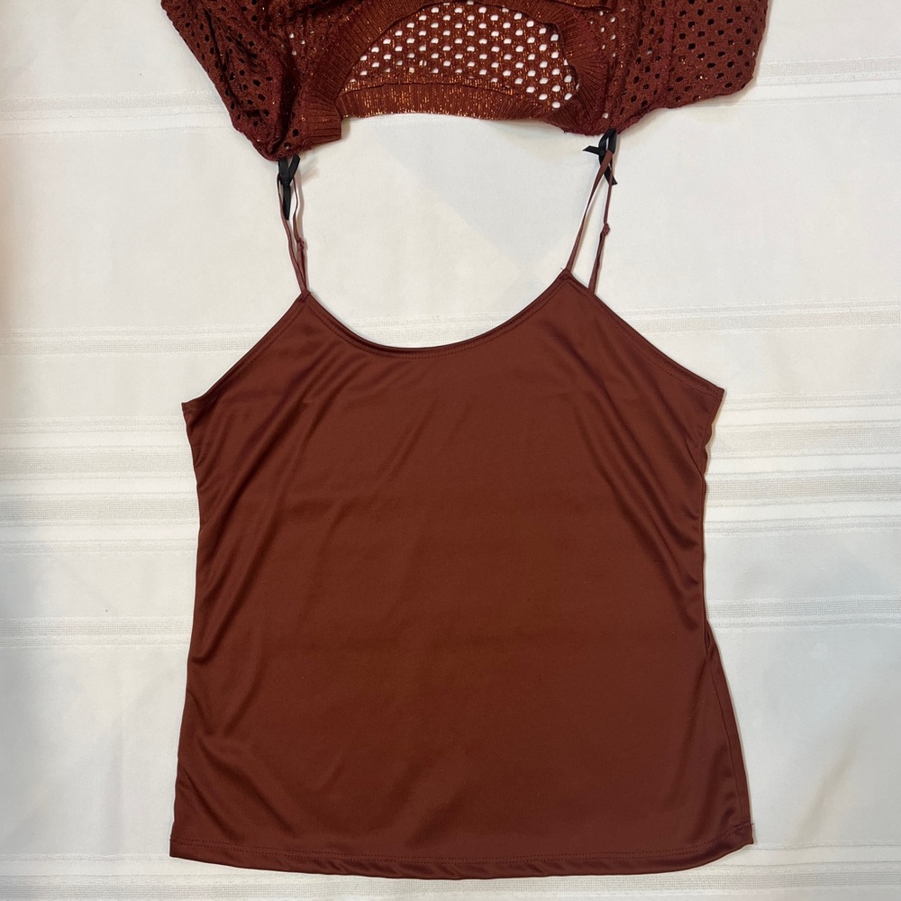 Reba Sweater Copper Gold Metallic Open Weave Crocheted Sz L‎ Matching Cami EUC - Picture 6 of 14